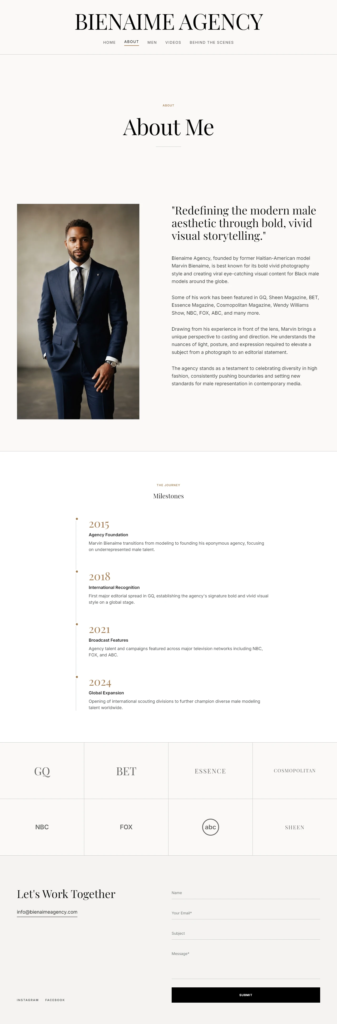 About Me page with a founder portrait, a pull quote and a milestones timeline from 2015 to 2024