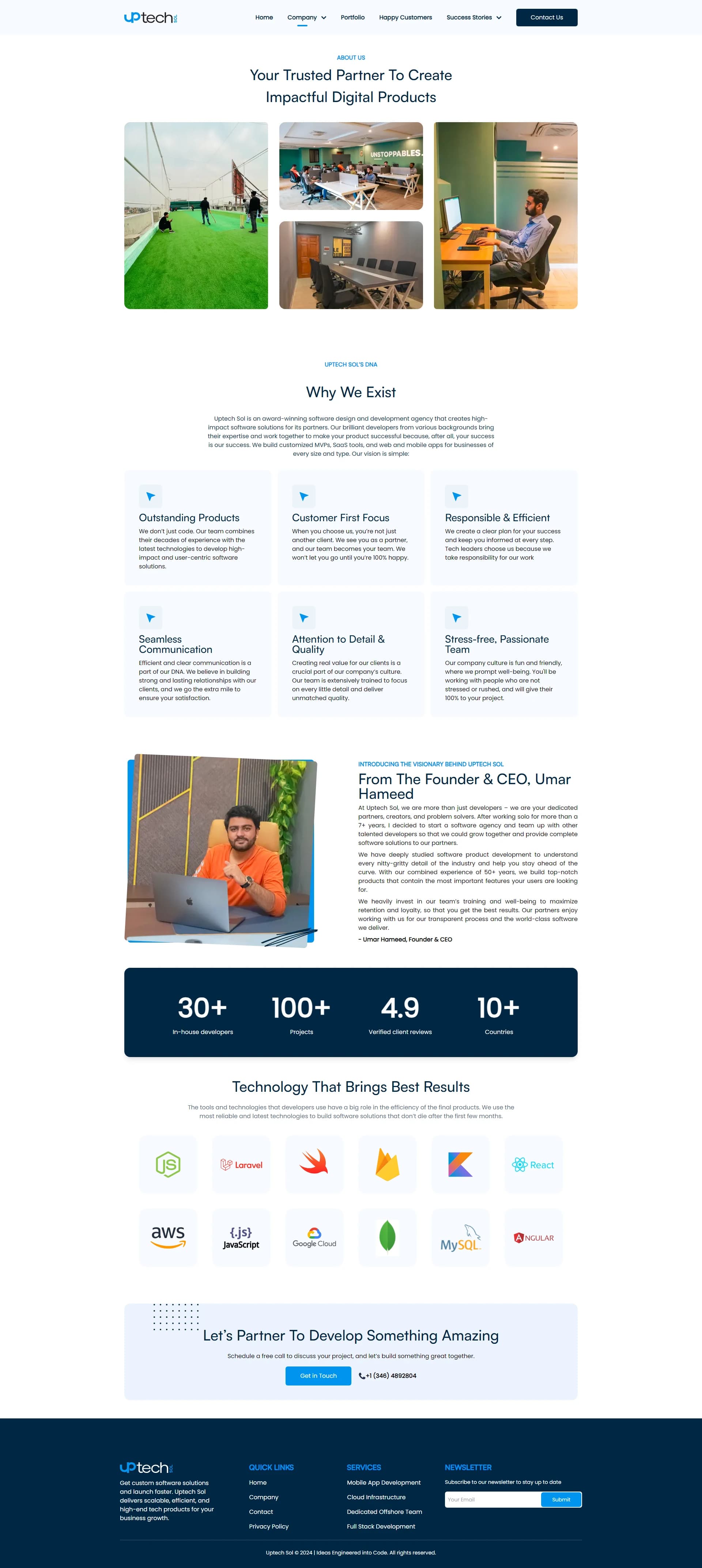 About page with office photos, the Why We Exist values grid, a founder introduction, team stats and technologies
