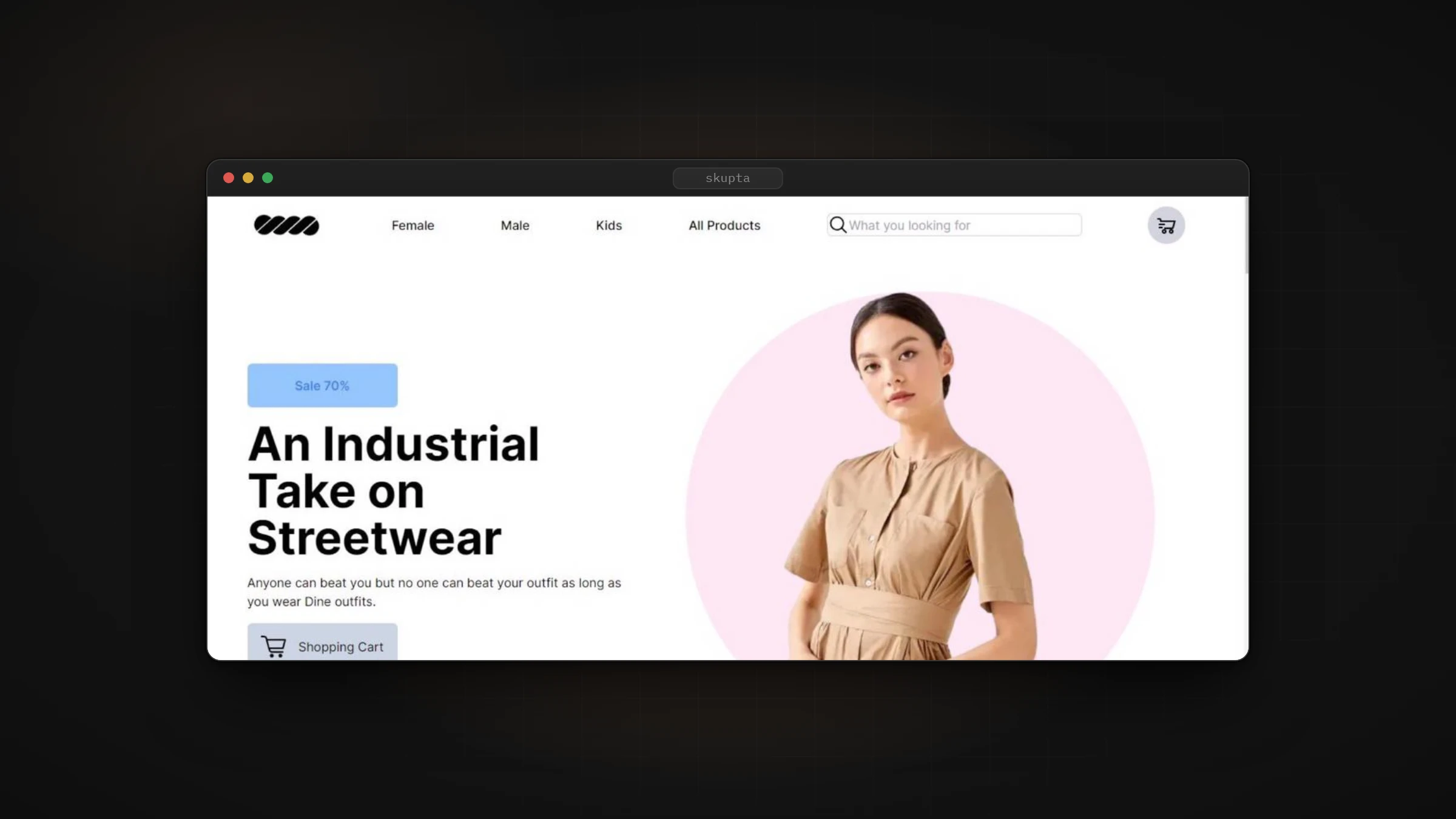 Skupta ecommerce home page with an industrial streetwear hero, in a browser frame