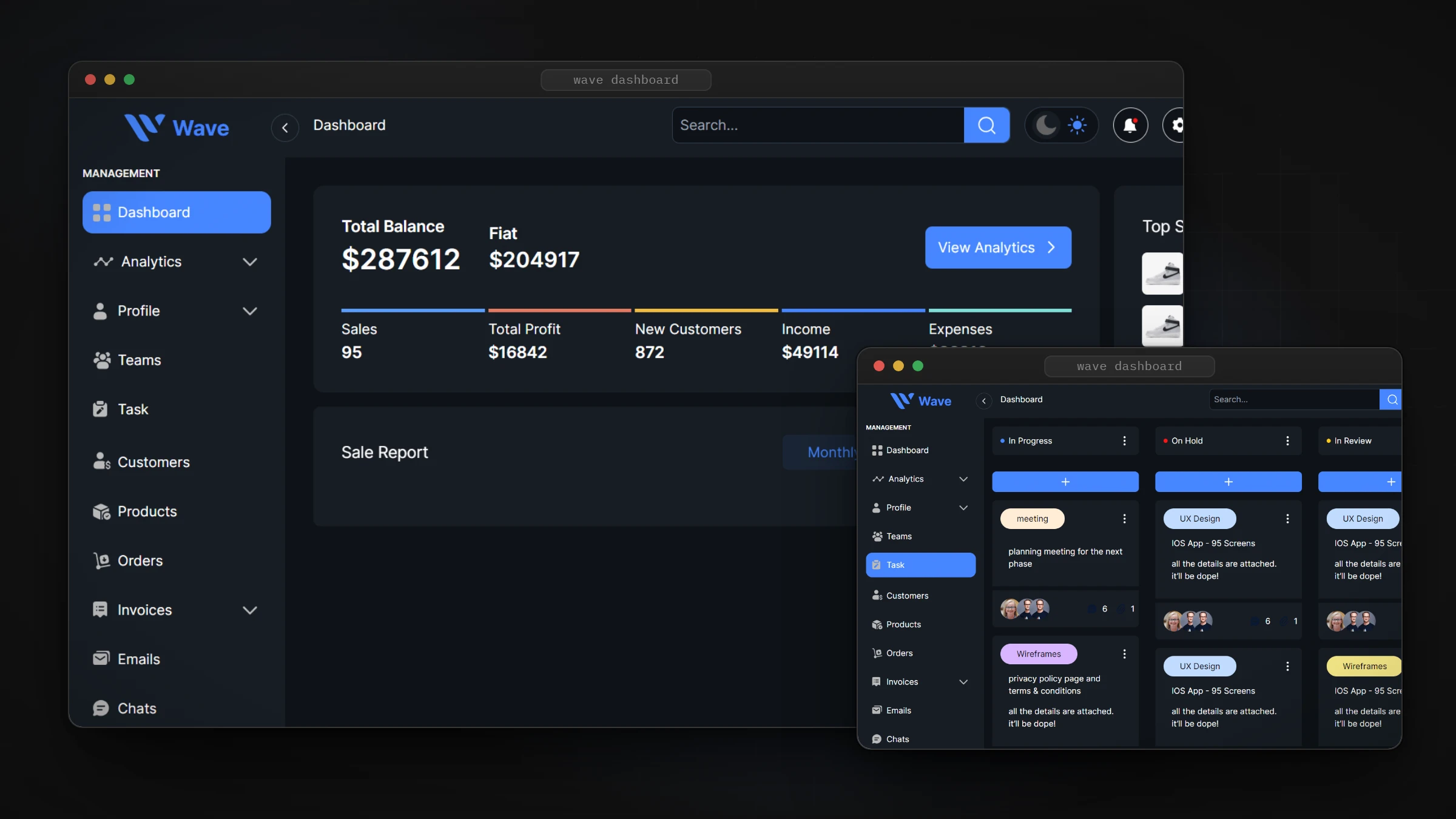 Wave dashboard overview and task board, in browser frames