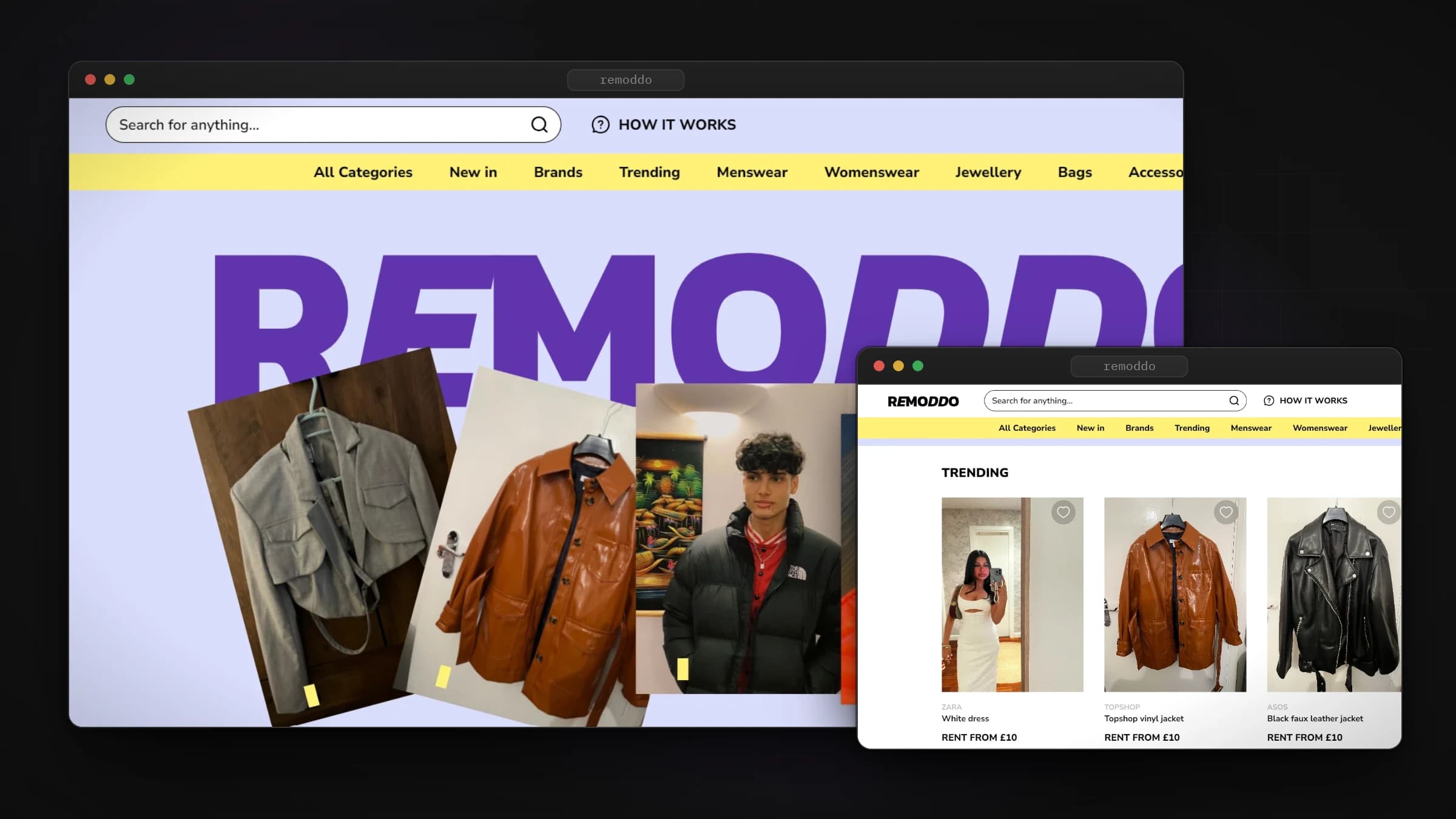 Remoddo landing page and trending products row, in browser frames