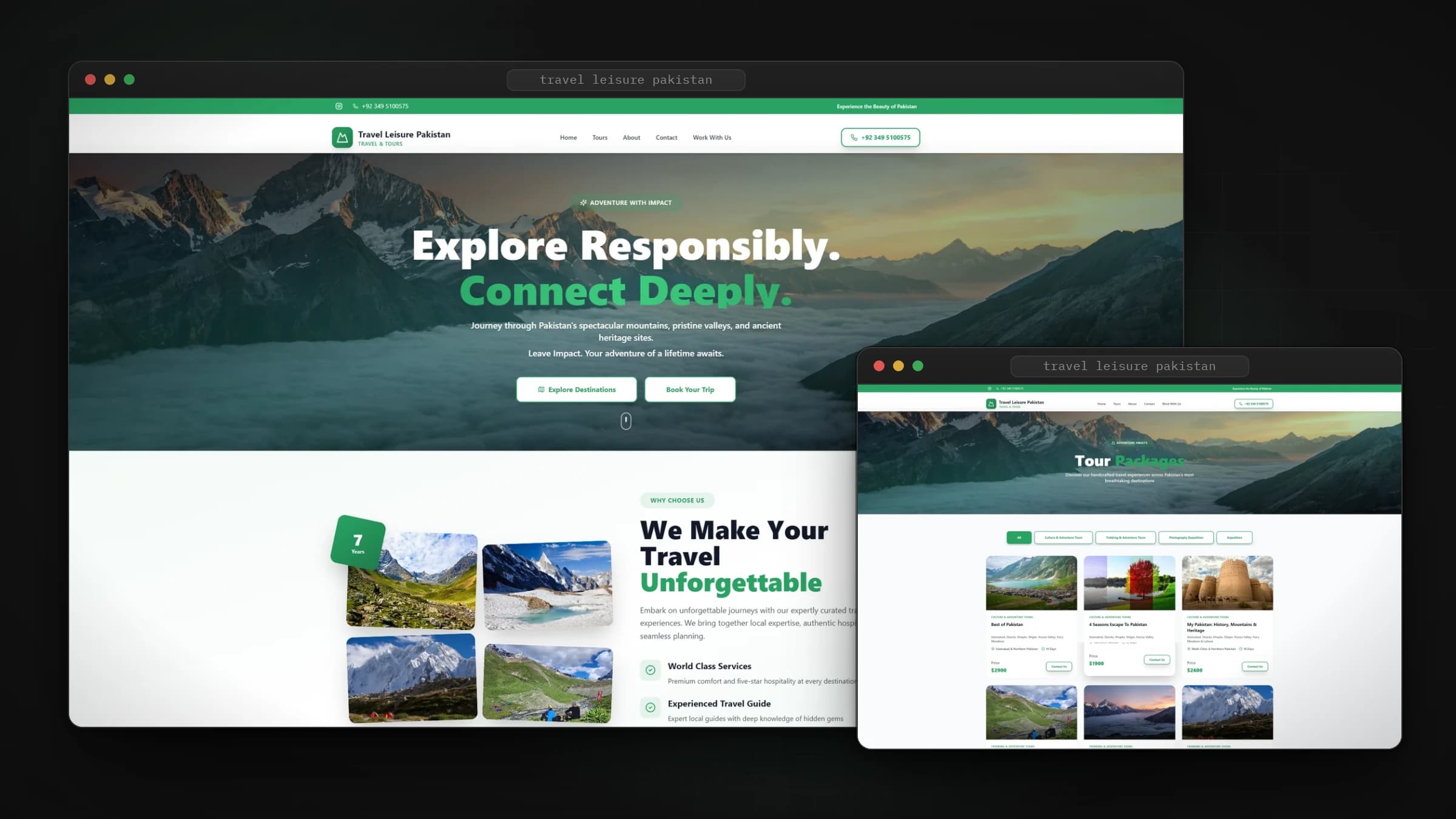 Travel Leisure Pakistan home page and tour packages page, in browser frames