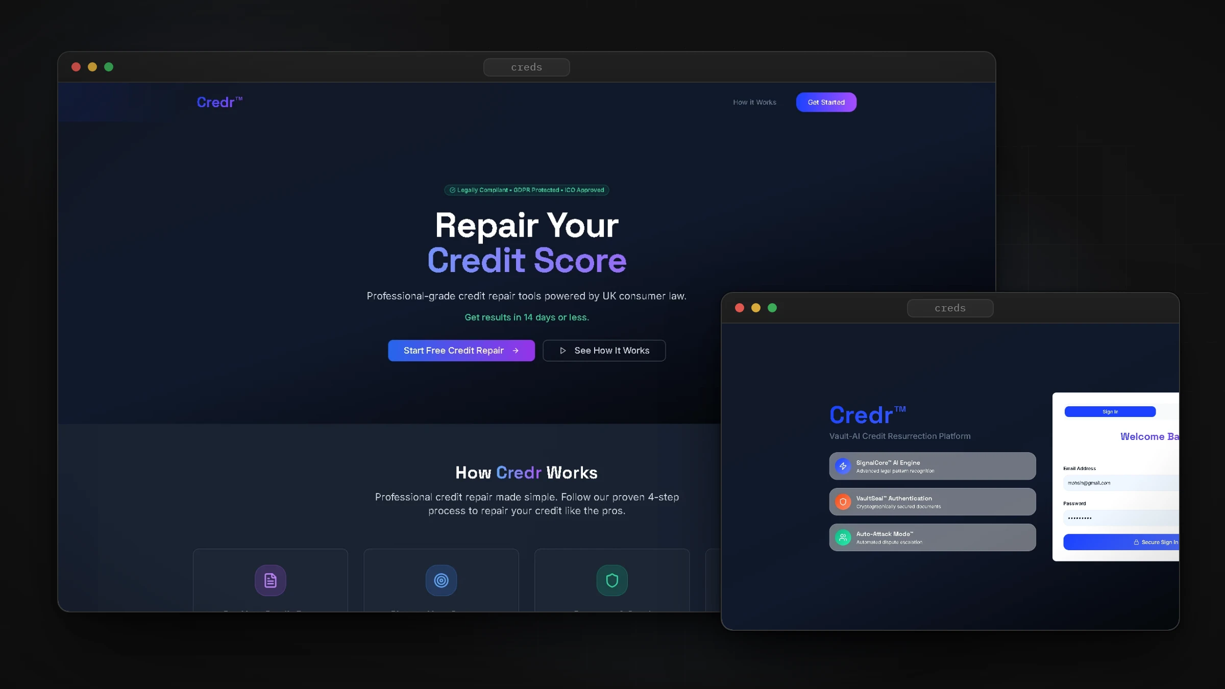 Creds landing page headed Repair Your Credit Score and its sign-in screen, in browser frames
