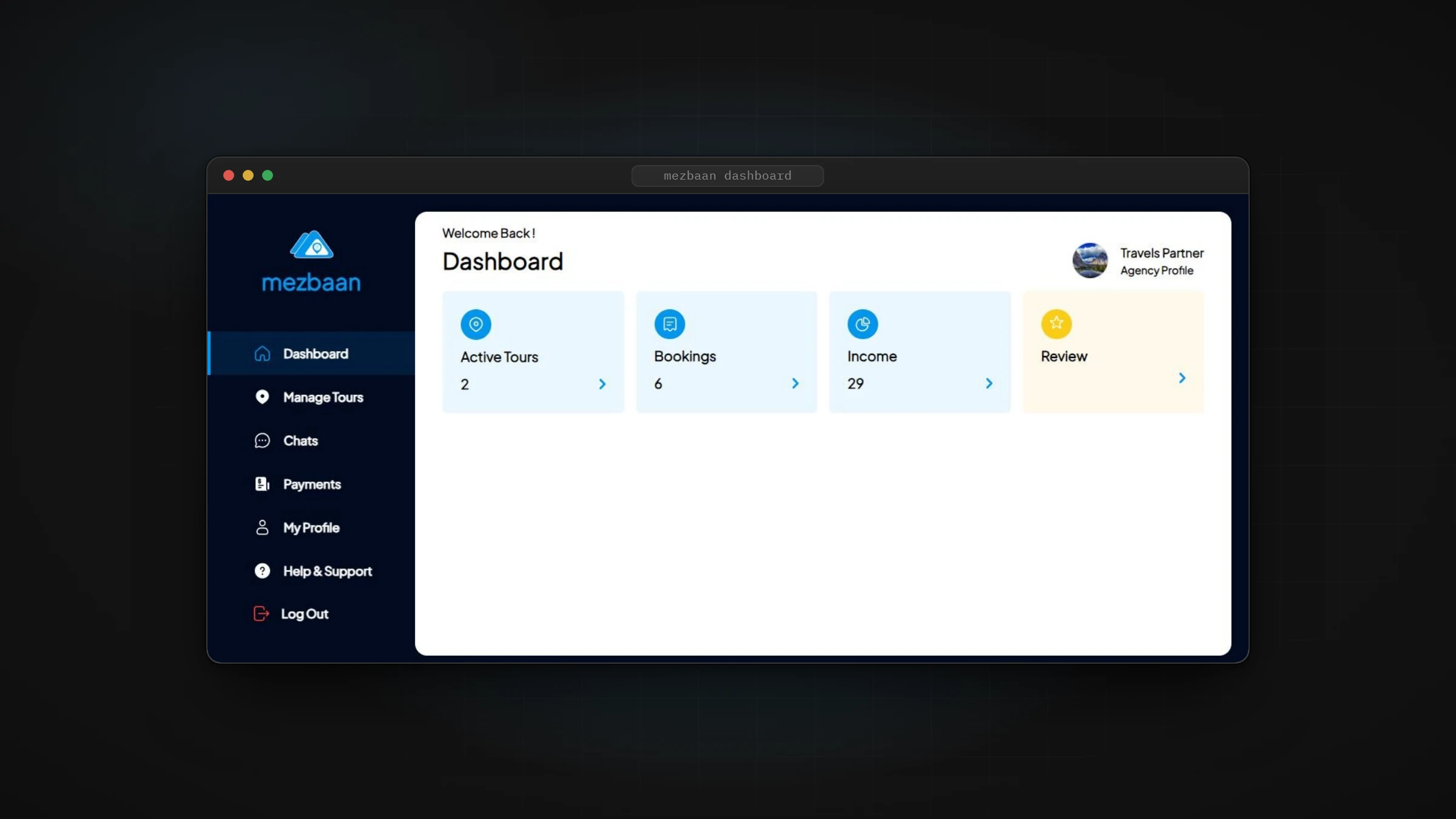 Mezbaan agency dashboard with active tours, bookings, income and review cards, in a browser frame