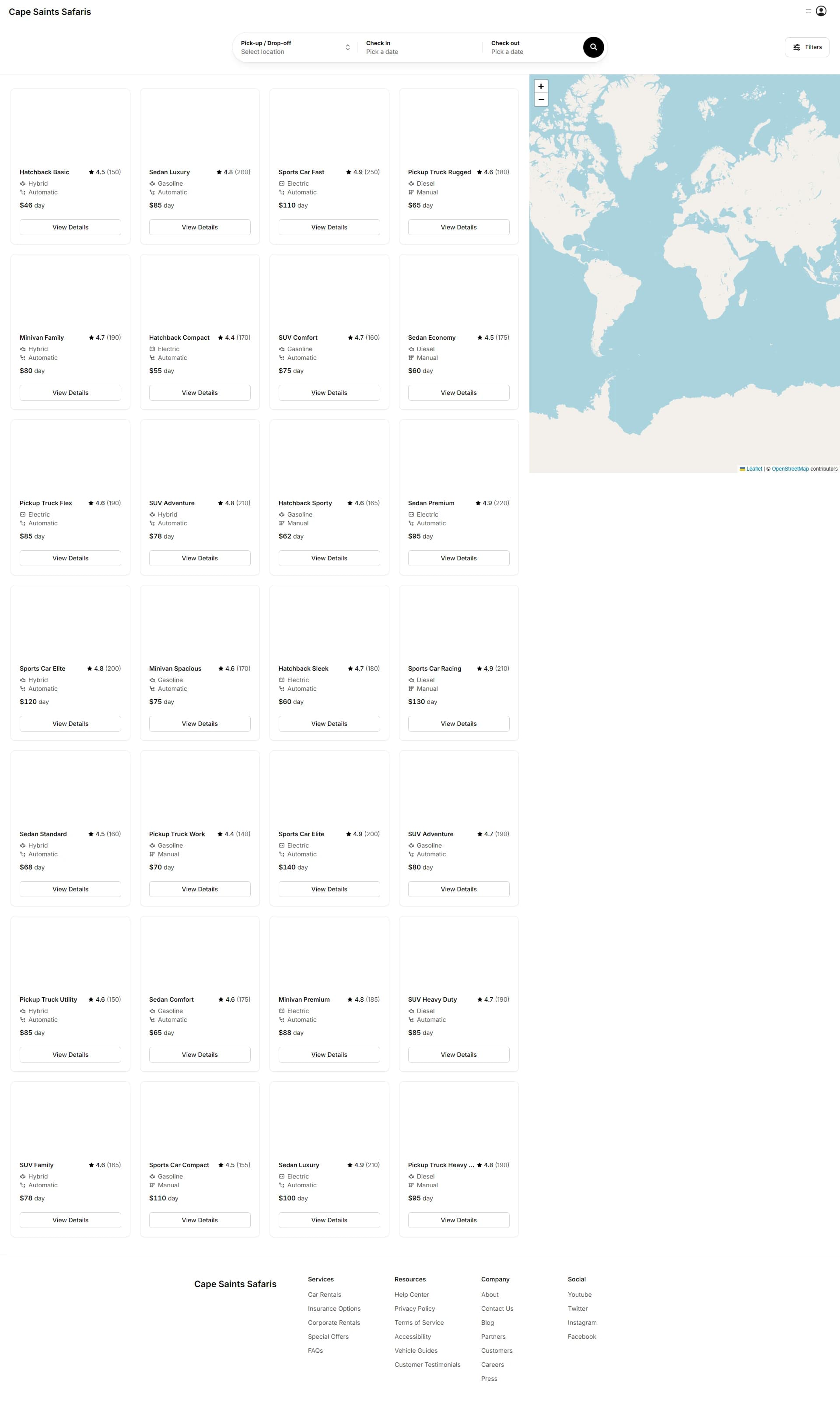 Cars page with a search bar and filters, a grid of rental car cards with ratings and daily prices, and a world map