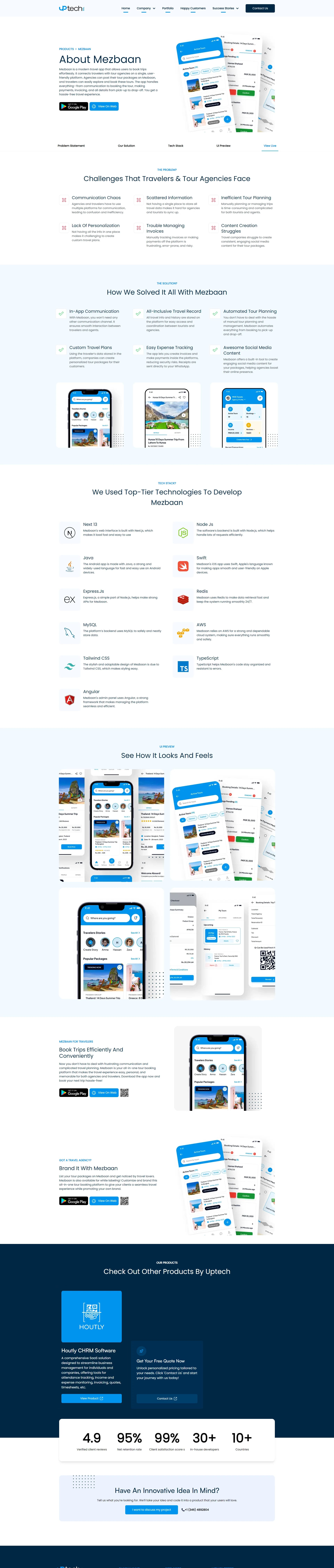 Mezbaan case study page covering the challenges, the solution, the technologies used and UI previews