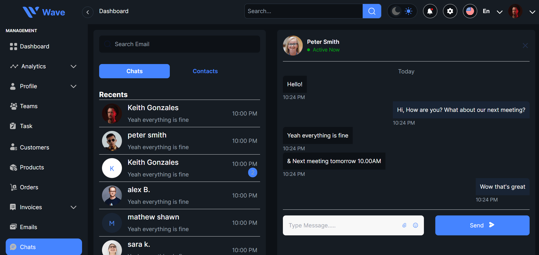Wave chat screen with a list of recent conversations and an open message thread