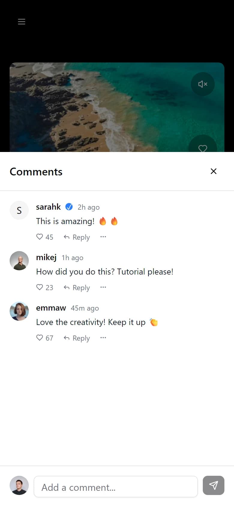 Comments sheet open over a video, listing comments with likes and reply links above an Add a comment box
