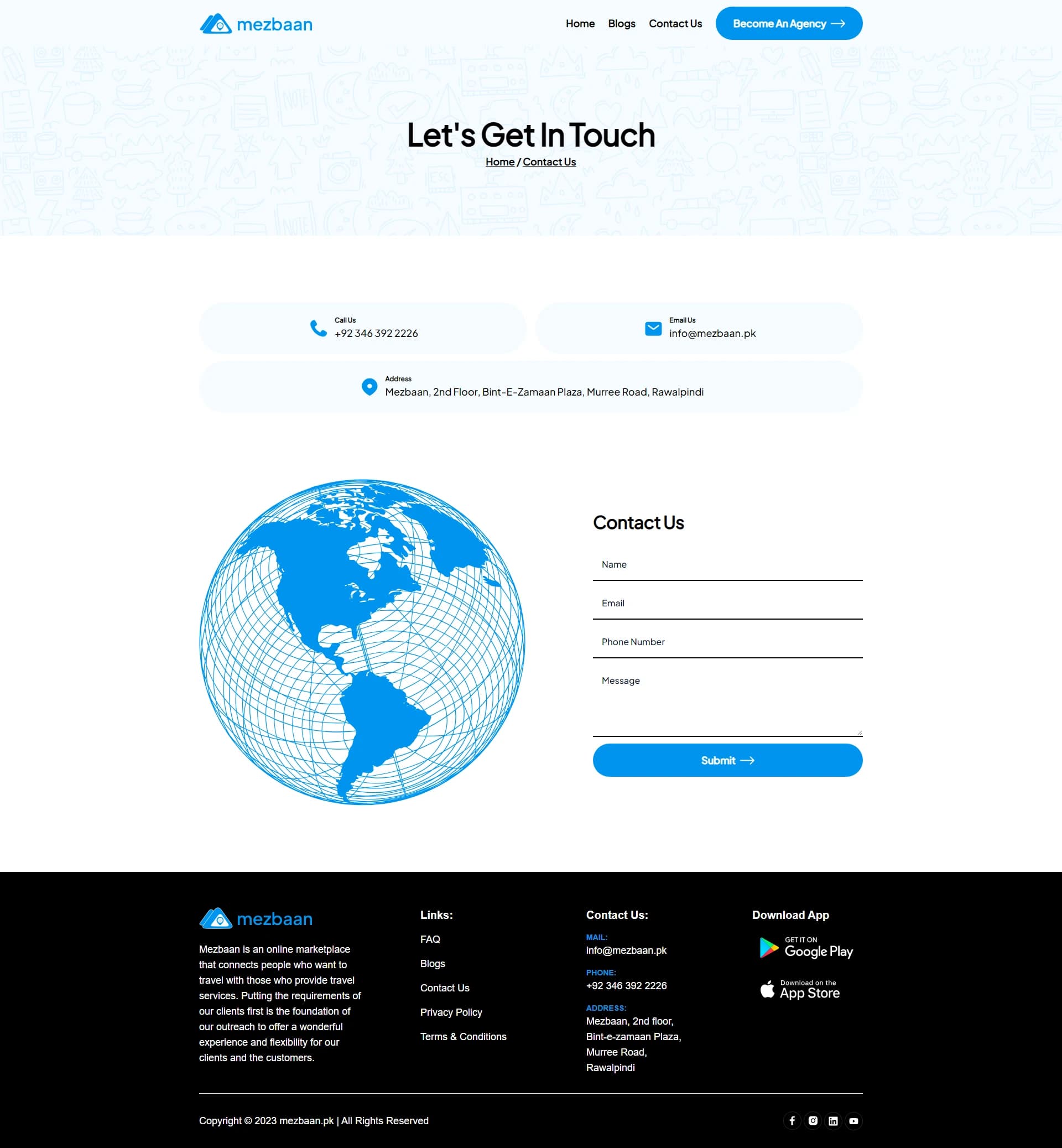 Let's Get In Touch page with phone, email and address cards beside a globe illustration and contact form