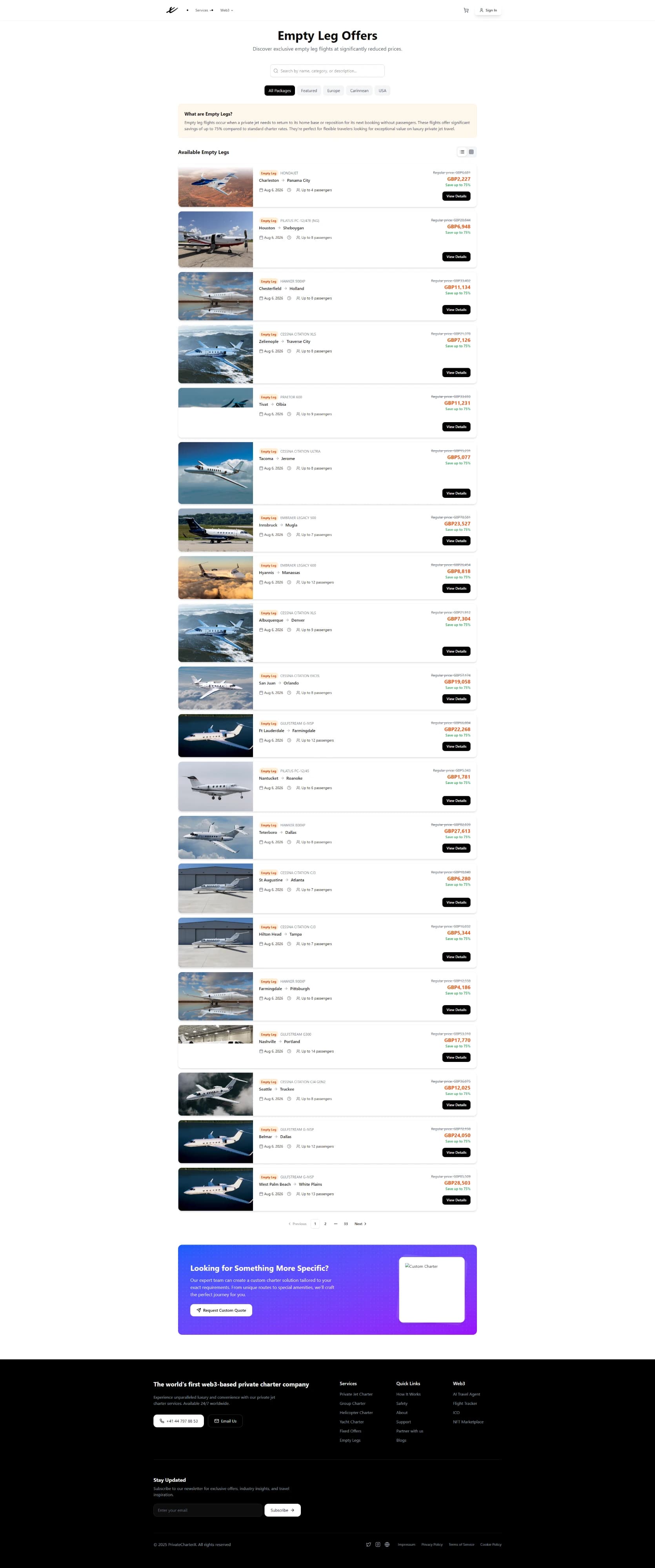Empty Leg Offers page listing discounted one-way flights with route, date and price