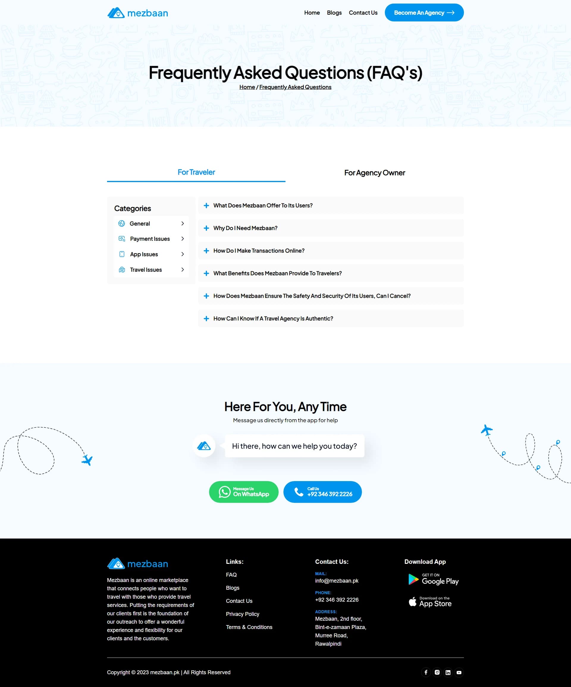 Frequently Asked Questions page with traveller and agency owner tabs, category filters and expandable questions