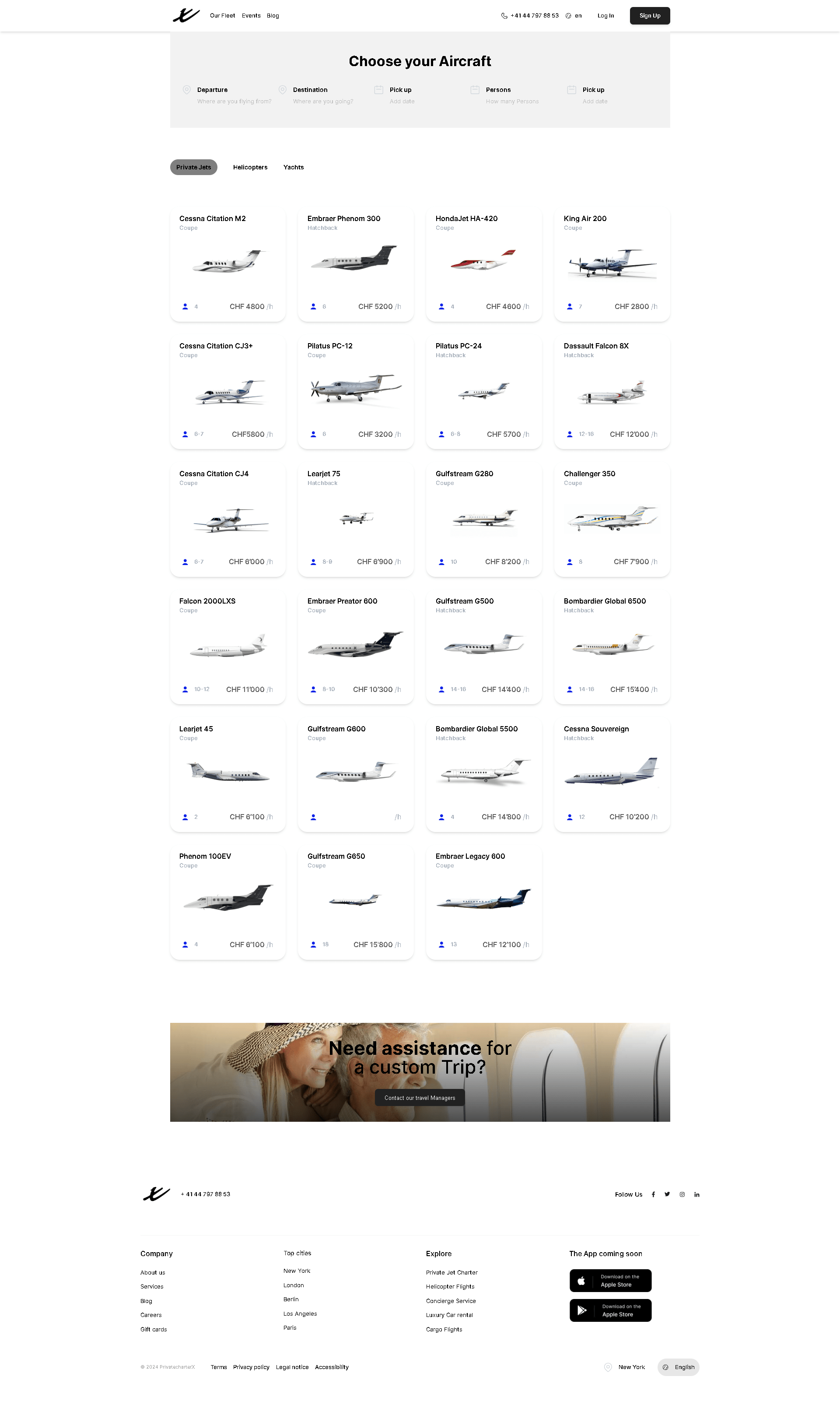 Choose your Aircraft page listing jets with photos, seat counts and prices, filterable by jets, helicopters and yachts