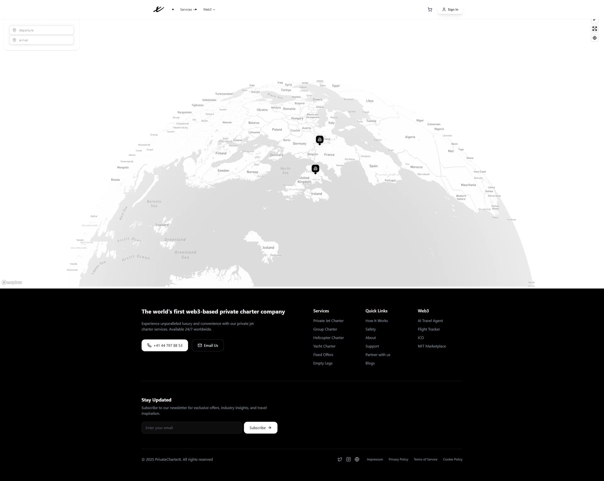 Interactive globe map view with location markers over Europe
