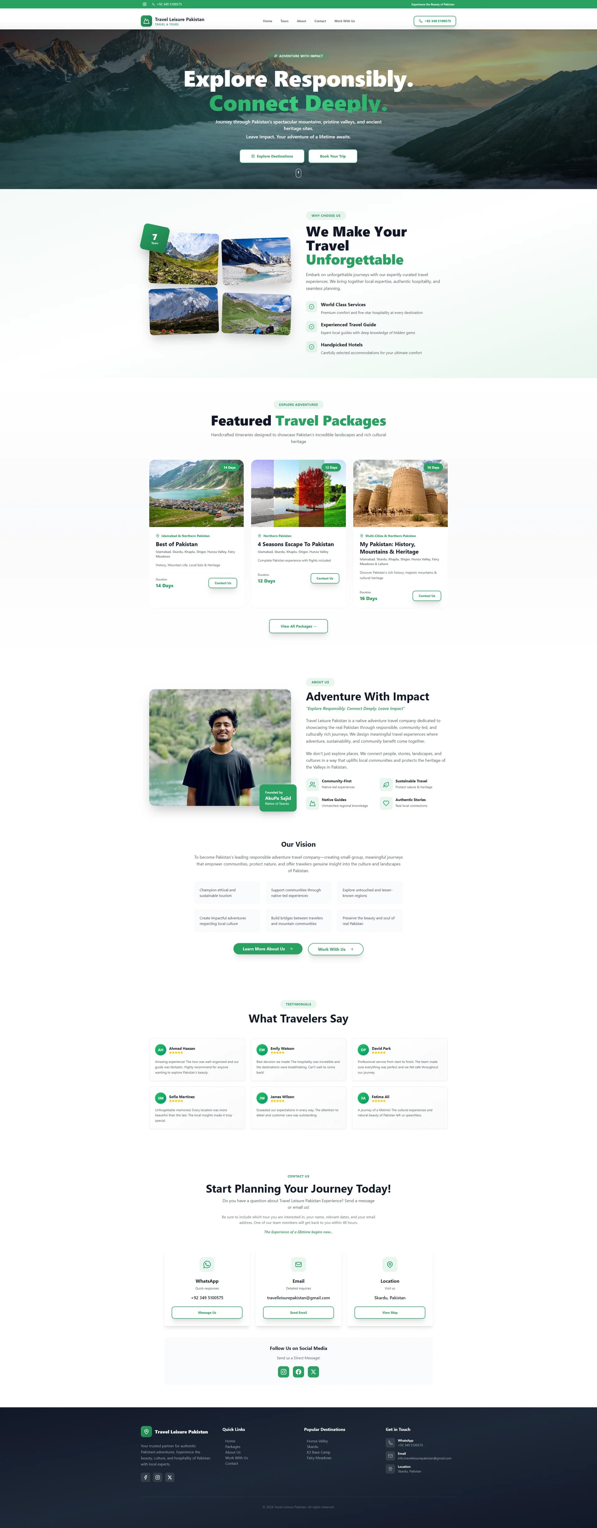 Travel Leisure Pakistan home page: mountain hero, why-choose-us section, featured travel packages, about section, testimonials and contact options