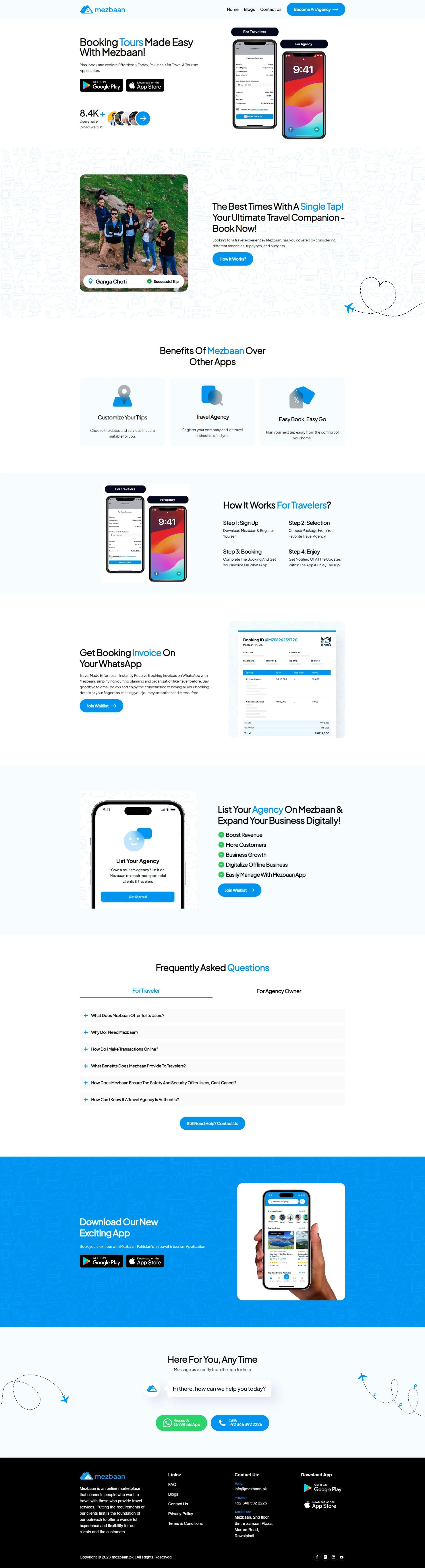 Mezbaan home page with the Booking Tours Made Easy hero, benefits, how-it-works steps, WhatsApp invoice section, agency listing pitch and FAQ