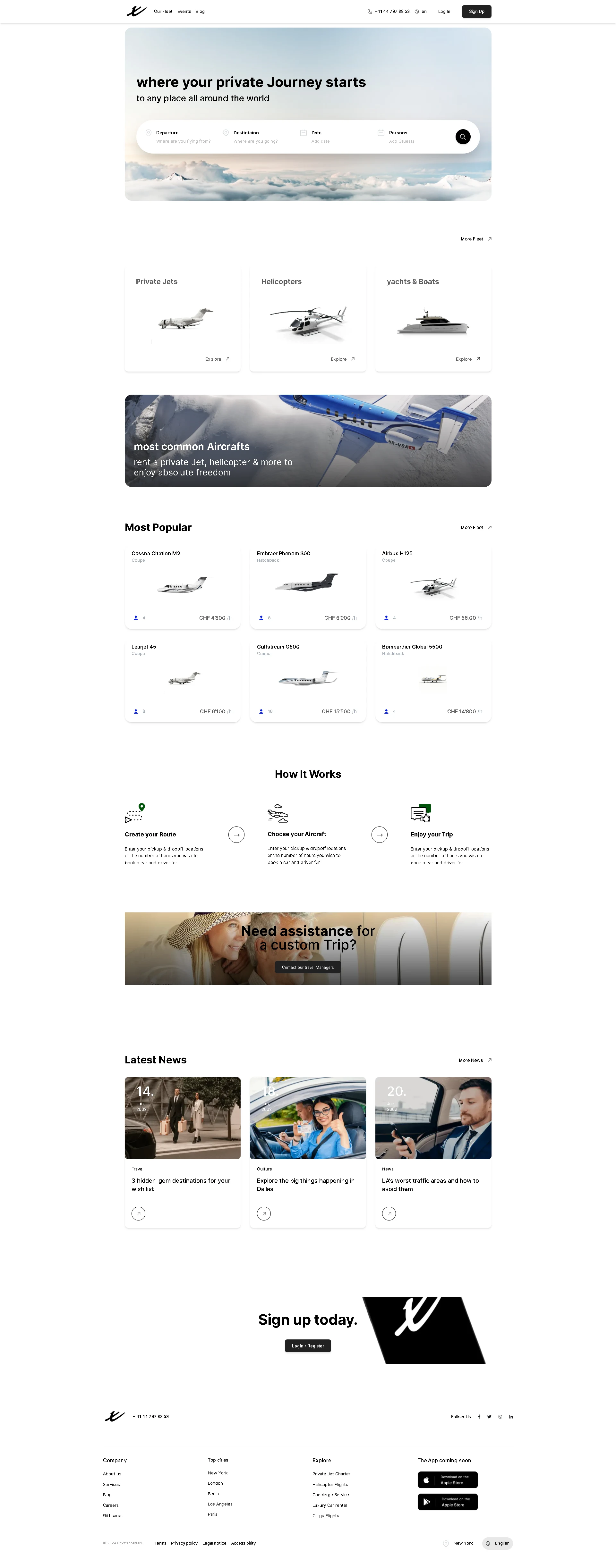 PrivateCharterX home page with trip search, charter categories, most popular aircraft, how it works and latest news