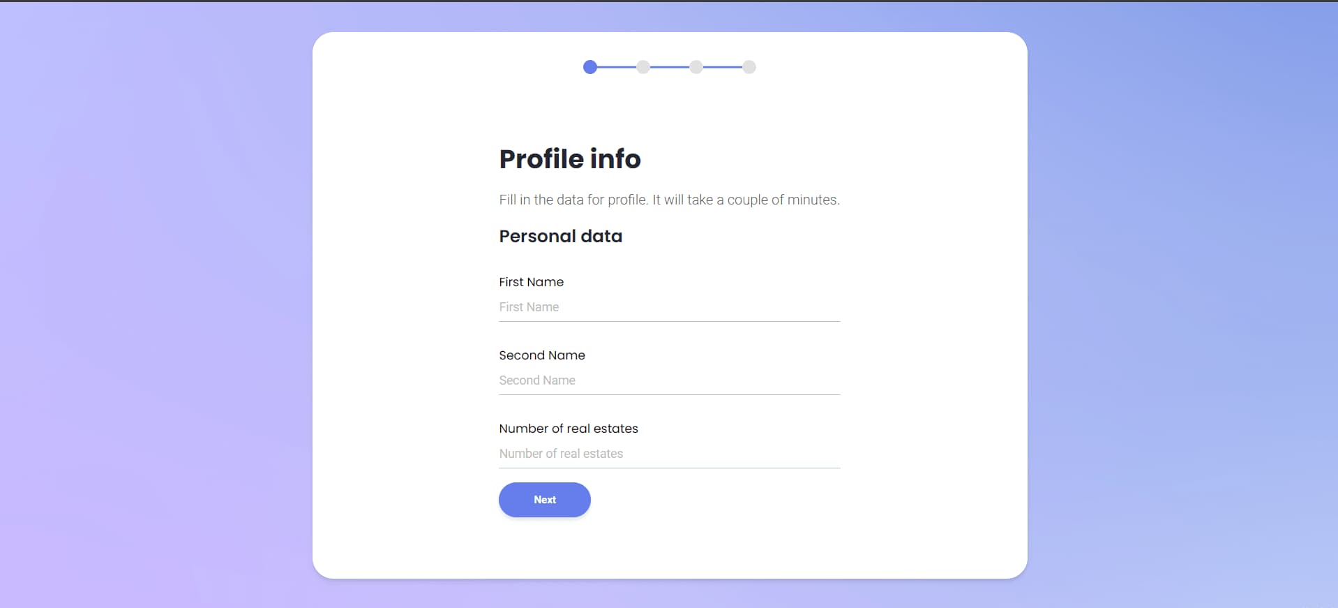 Onboarding step one, a Profile info form for first name, second name and number of real estates