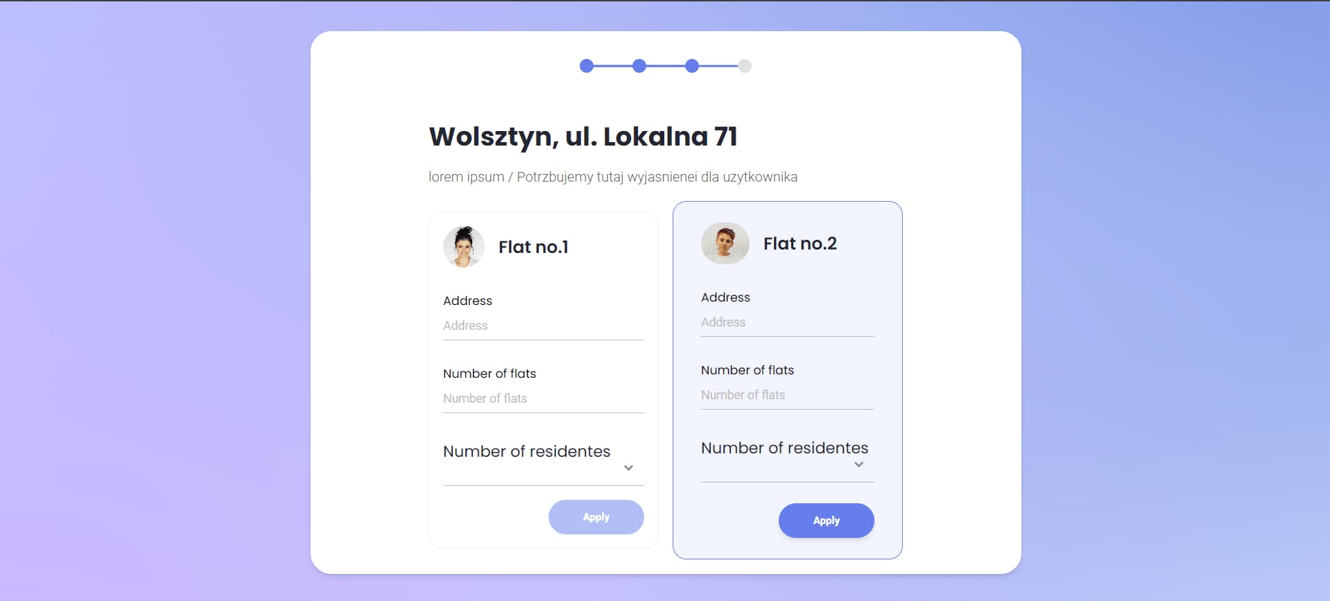 Onboarding step three, entering the address and number of residents for each flat