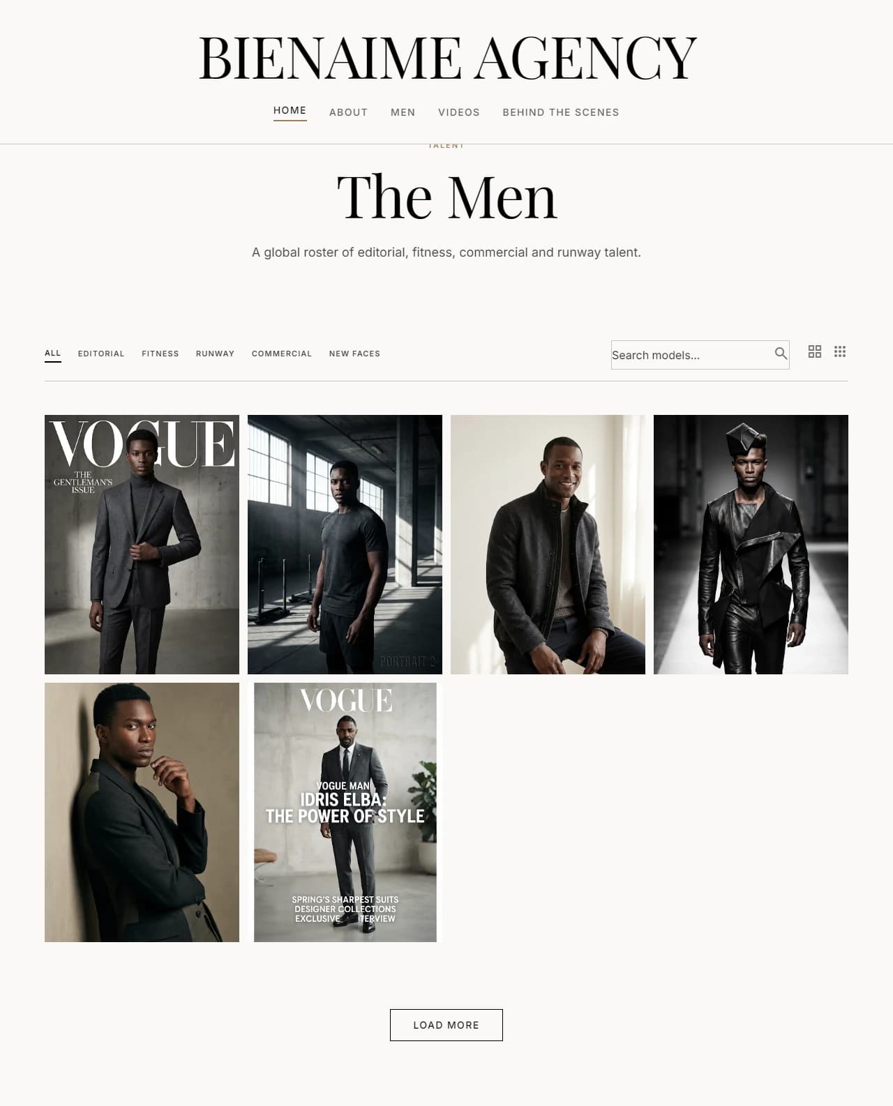 The Men roster page with Editorial, Fitness, Runway, Commercial and New Faces filters, a search box and a grid of model portraits