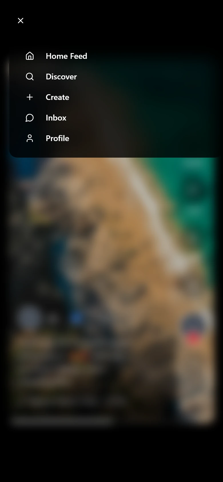 Navigation menu open with Home Feed, Discover, Create, Inbox and Profile