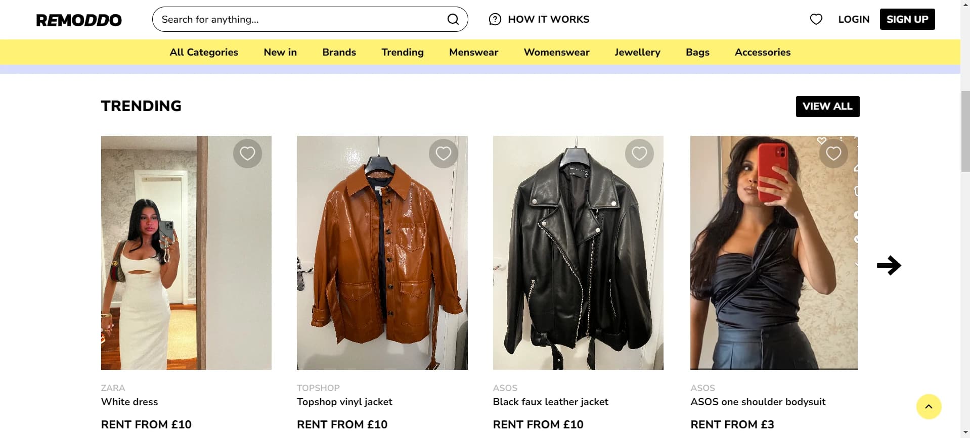 Remoddo trending products row showing a dress and leather jackets with prices