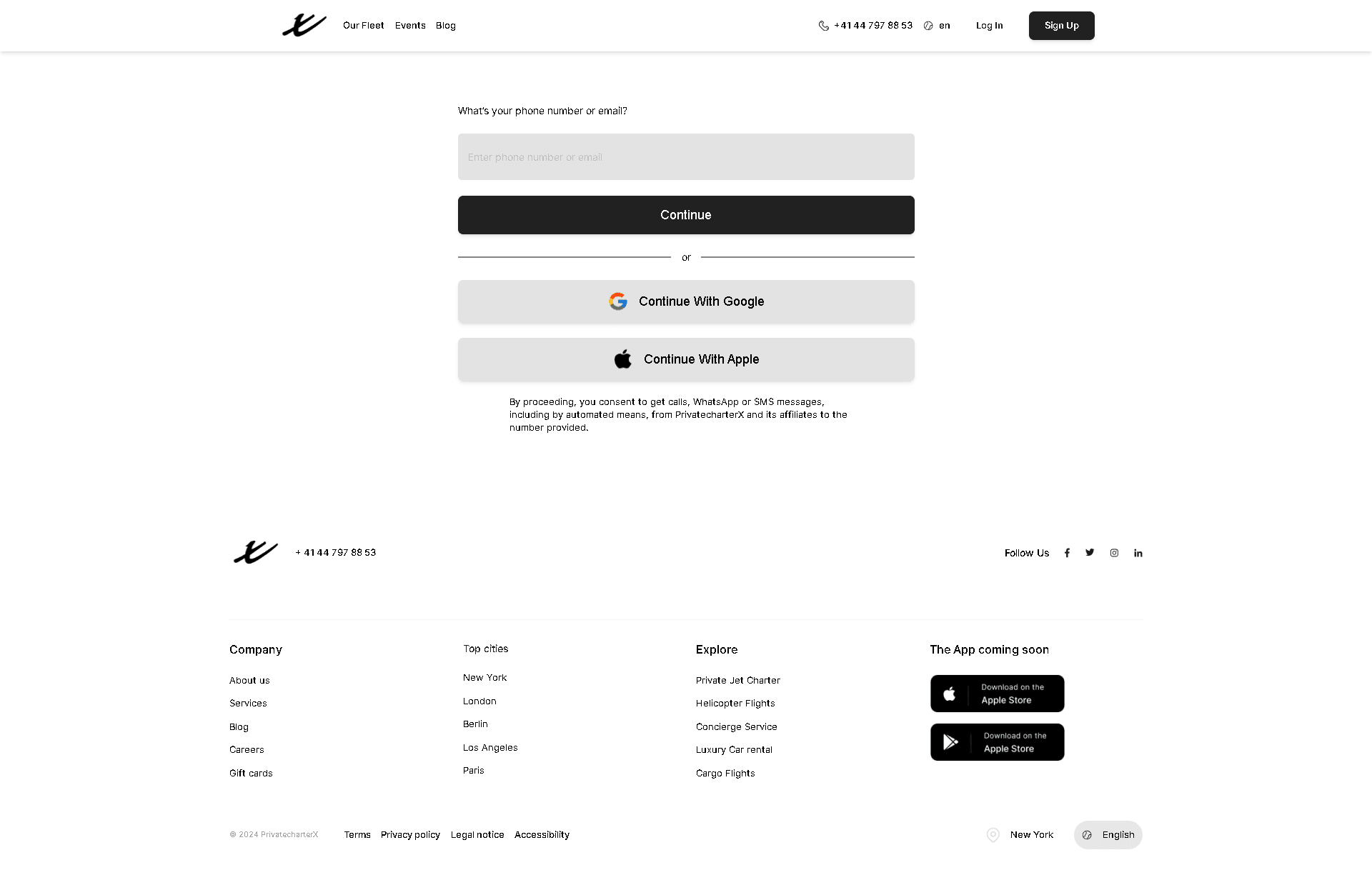 Sign-up screen asking for a phone number or email, with Continue with Google and Continue with Apple options