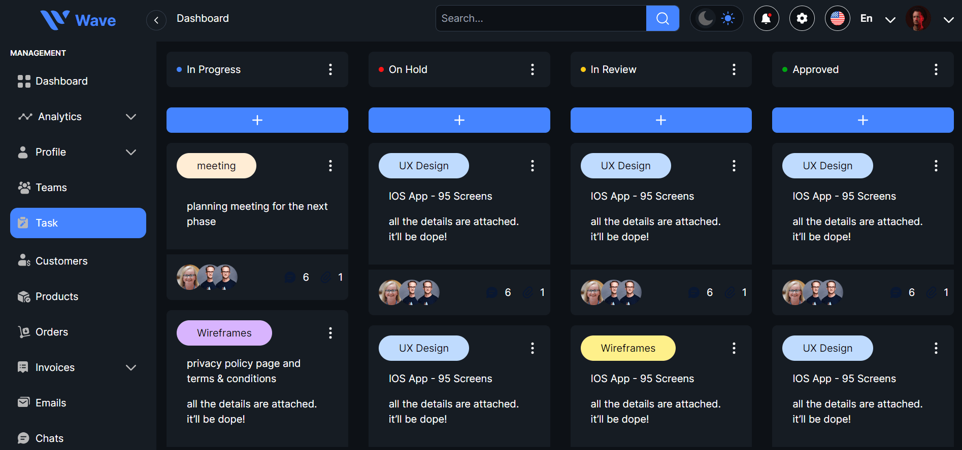 Wave task board with cards arranged in In Progress, On Hold, In Review and Approved columns