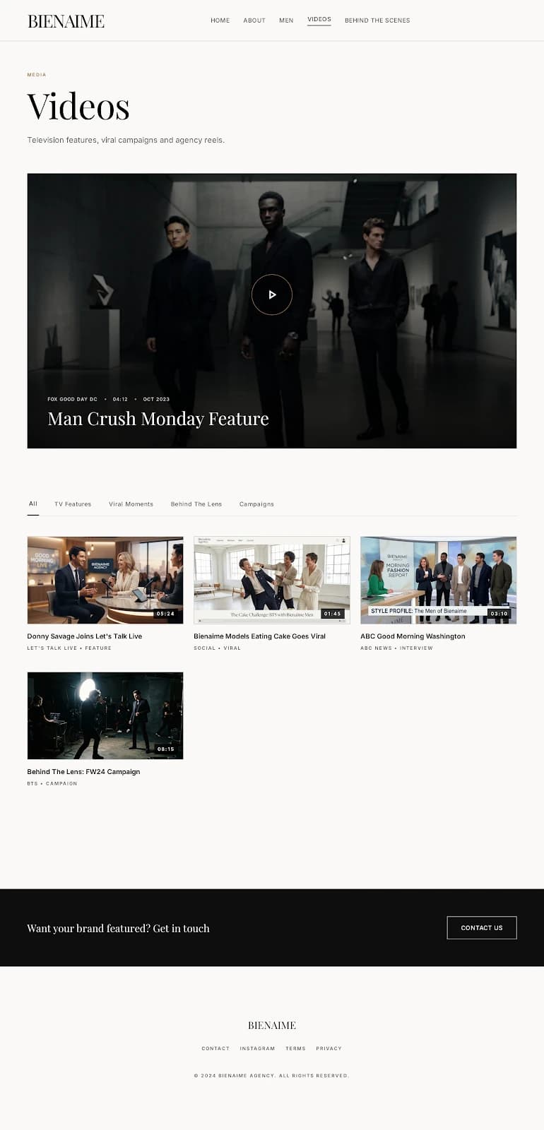 Videos page with a featured video and a filterable grid of TV features and behind-the-scenes clips