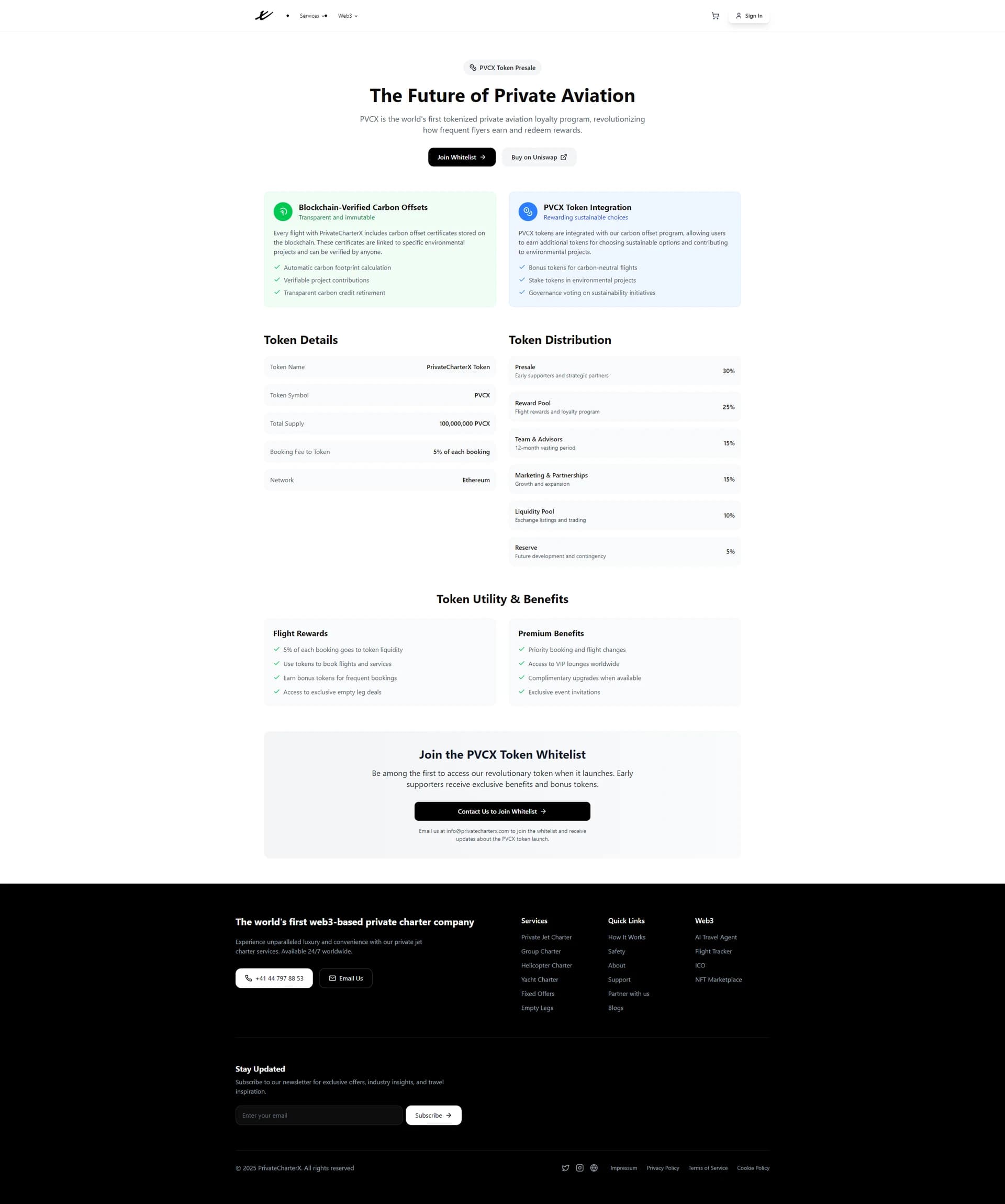The Future of Private Aviation page describing the PVCX token, blockchain-verified carbon offsets and token distribution