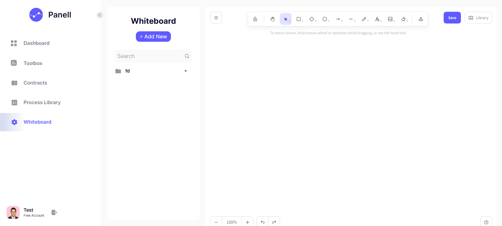 Panell CRM whiteboard with a board list on the left and a drawing toolbar above an empty canvas