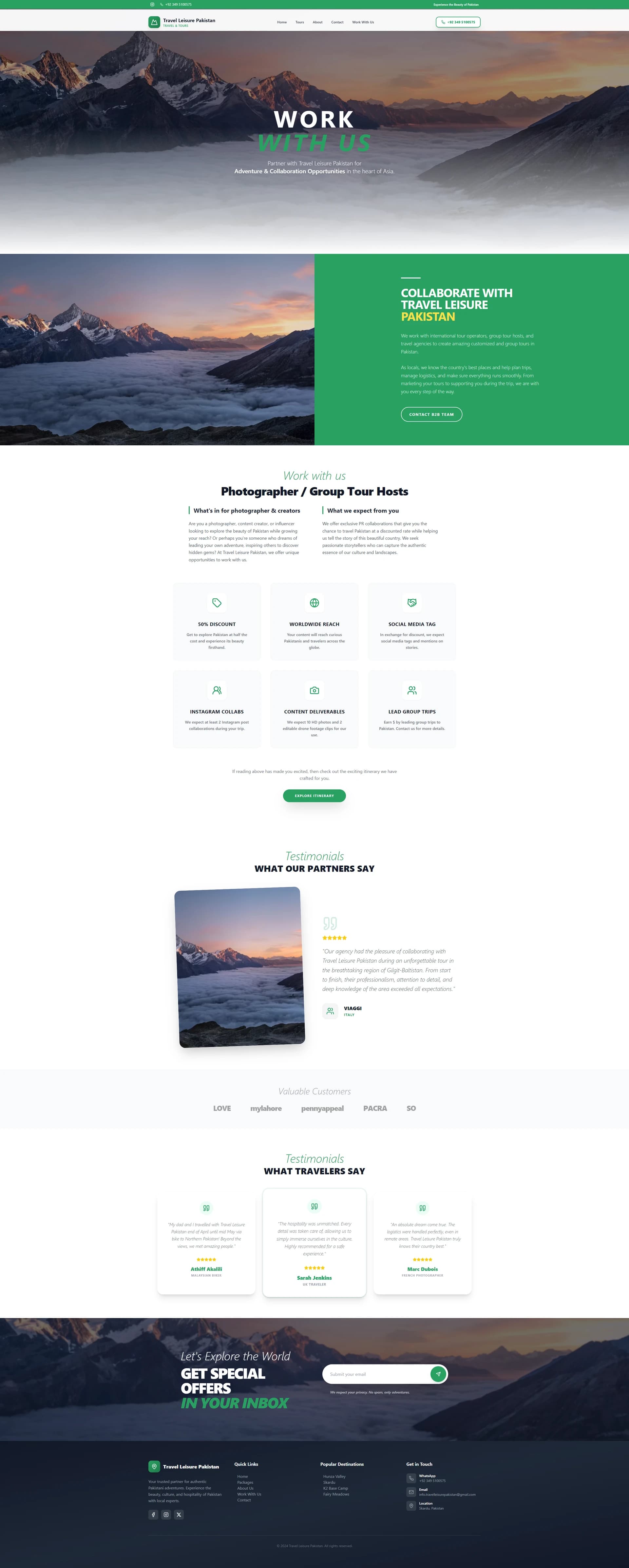 Work With Us page inviting tour operators, photographers and group tour hosts to collaborate, with partner testimonials