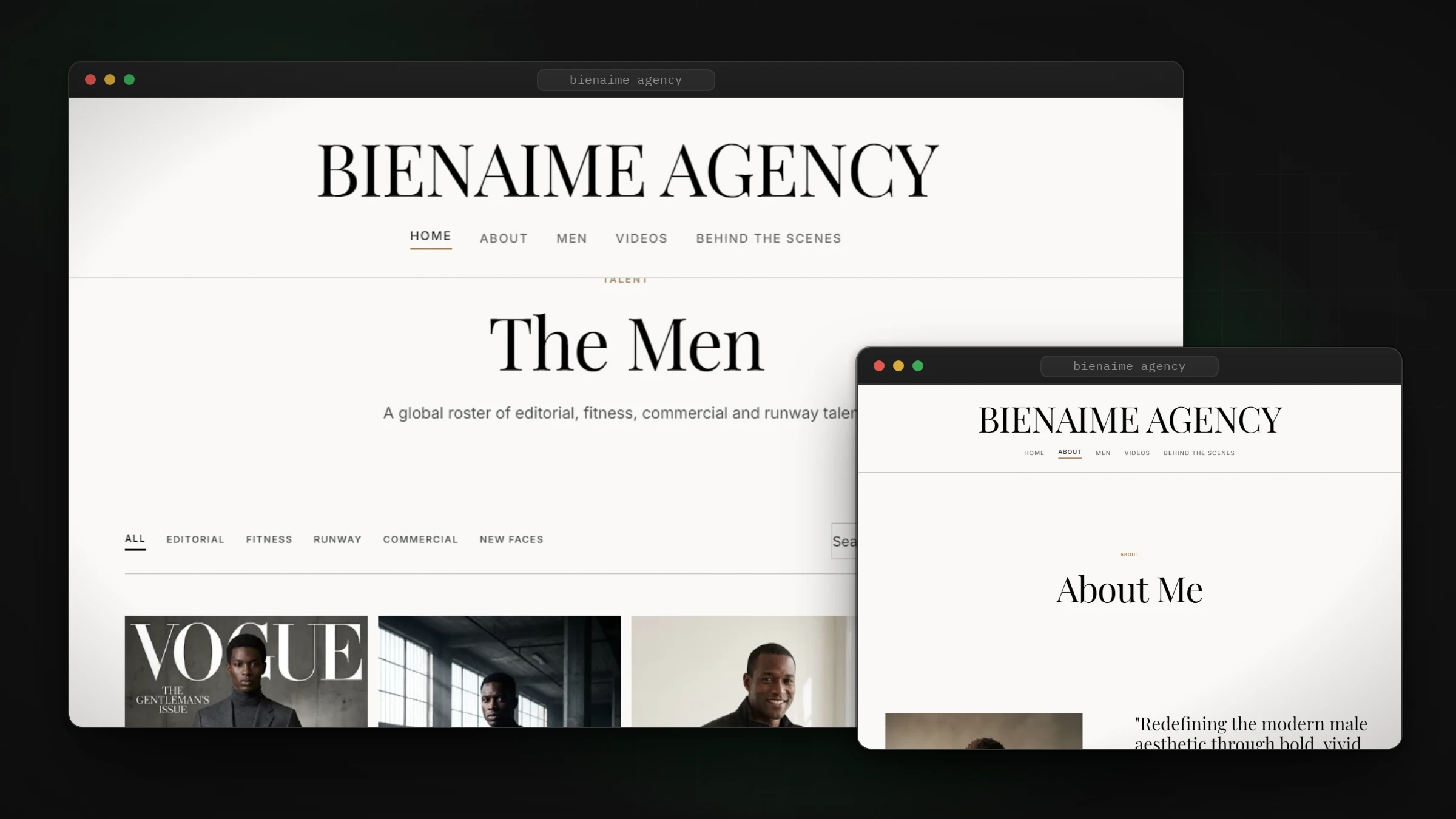 Bienaime Agency roster page and About page, in browser frames