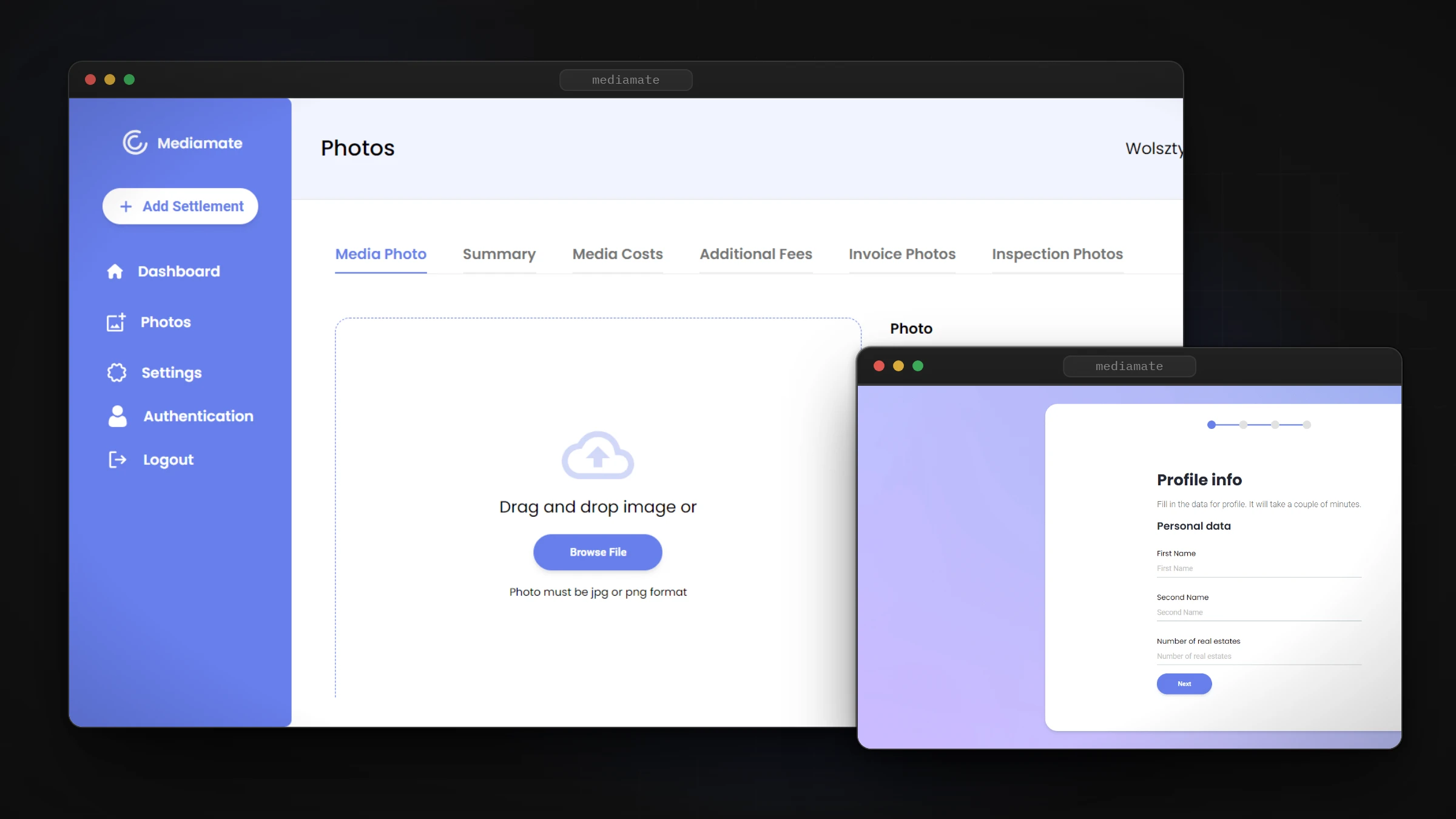 Mediamate media section and onboarding profile step, in browser frames
