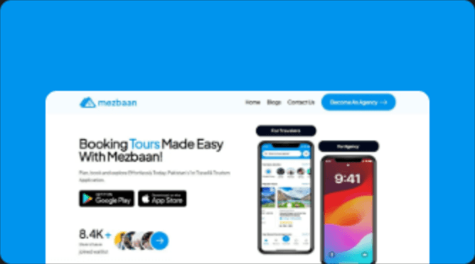Mezbaan marketing site showing a tour booking hero with mobile app screens